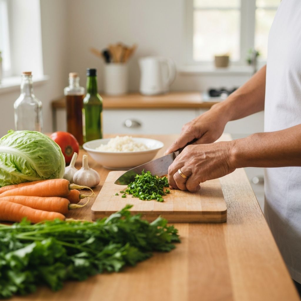 Kädet valmistamassa tuoreita kasviksia keittiössä